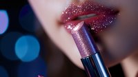 Metallic purple lipstick application on glittery lips with bokeh background. Macro cosmetics shot showing sparkly makeup detail and professional beauty application.