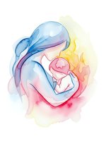 Watercolor mother holding newborn baby in tender embrace with soft pastel colors on white background for maternity and parenting designs.