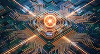 Futuristic computer processor chip with glowing orange core and intricate circuit board patterns for technology and artificial intelligence concepts.
