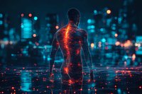Digital human silhouette with glowing red energy network against futuristic city backdrop, representing artificial intelligence and technological advancement.