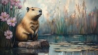 Curious groundhog sitting on rock near water, surrounded by pink cosmos flowers and cattails in misty morning light. Wildlife art for nature publications.