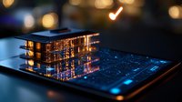 Futuristic digital building hologram emerging from laptop keyboard with glowing lights and bokeh effect, representing smart city technology and innovation.