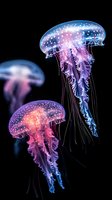 Luminous jellyfish floating in dark water with vibrant pink and blue bioluminescent glow, tentacles flowing gracefully in marine environment.