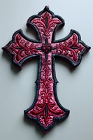 Ornate embroidered cross patch with intricate pink and burgundy floral patterns on white background, ready for apparel customization and craft projects.