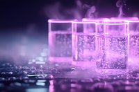 Glowing purple laboratory beakers with mysterious bubbling liquid and rising steam create magical scientific atmosphere against dark background with scattered crystals.
