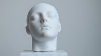 White plaster sculpture head with closed eyes and serene expression against neutral gray background, showcasing minimalist artistic form and classical aesthetics.