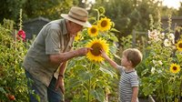 Senior Caucasian grandfather in straw hat teaching young grandson about sunflowers in sunny garden during golden hour summer evening outdoor activity.