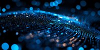 Abstract digital wave of glowing blue particles and bokeh lights on dark background, futuristic technology concept for network and data visualization.