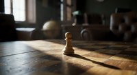 Wooden chess pawn piece standing alone on rustic wooden table with dramatic sunlight streaming through window creating long shadow in vintage interior.