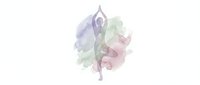 Watercolor silhouette of woman in yoga pose with soft purple and green splashes on white background for wellness and meditation designs.