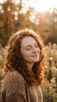 Young redhead woman with curly hair and freckles enjoying peaceful moment outdoors in warm autumn sunlight wearing cozy sweater with eyes closed and gentle smile.