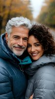 Mature interracial couple embracing outdoors in winter jackets, silver-haired Caucasian man and Hispanic woman with curly hair smiling at camera on autumn day.