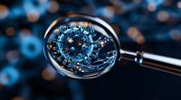 Magnifying glass revealing detailed blue virus cell structure against dark background with bokeh effect, scientific research concept in modern laboratory setting.