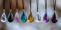 Colorful glass teardrop pendants hanging on black cords in rainbow spectrum arrangement for jewelry making and craft projects.