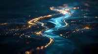 Meandering river glowing with blue light flows through nighttime cityscape, aerial view with bokeh effect creating magical atmosphere of urban landscape.