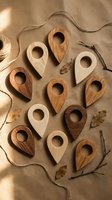 Handcrafted wooden location pin markers arranged on natural kraft paper with rope and dried leaves creating rustic artisan workspace for navigation design.