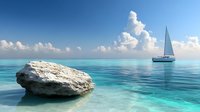Sailboat sailing in crystal clear turquoise waters with large rock formation under blue sky with white clouds for vacation and travel concepts.