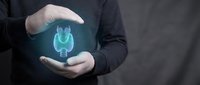 Businessman hands protecting glowing blue thyroid gland hologram symbol representing healthcare insurance and medical protection services.