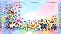 Watercolor cats playing in spring garden with flowers, butterflies and paw prints on pastel background for pet lovers and animal themed designs.