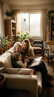 Three generation family reading together on cozy living room sofa with houseplants and warm natural lighting creating intimate bonding moment.
