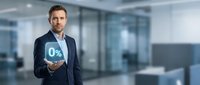 Caucasian male businessman in dark suit holding glowing zero percent symbol in modern office environment, representing interest rates, financial services, and banking solutions.