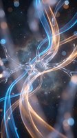 Abstract flowing energy streams with blue and orange light trails creating dynamic motion against dark bokeh background for digital art projects.