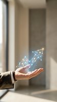 Businessman hand holding glowing network arrow showing growth trend and data connections in modern office environment for business success concepts.