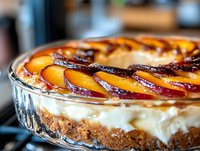 Homemade peach cheesecake with caramelized fruit topping and graham cracker crust in glass baking dish, perfect for bakery, recipe blogs, and dessert menus.