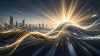 Digital data streams flow through futuristic cityscape with golden light rays creating dynamic wave patterns for technology and innovation concepts.