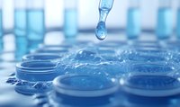 Liquid droplet falling into laboratory test tubes filled with blue solution, creating ripple effect on surface in scientific research setting. Medical analysis concept.