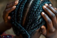 Close-up view of hands styling turquoise box braids on dark hair, showing detailed braiding technique and fresh white manicure against blurred background.