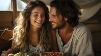 Young diverse couple sharing intimate moment while eating pizza at home. Casual lifestyle scene with authentic emotions and natural lighting captures modern relationship.
