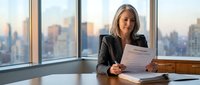 Professional businesswoman reviewing documents in modern office with city skyline view. Corporate executive analyzing reports at conference table.