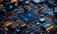 Glowing microchip on circuit board with orange LED lights and blue processor core, macro photography showing electronic components and modern technology.