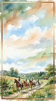 Watercolor landscape with horseback riders on country path through rolling hills and meadows under cloudy sky for greeting cards and wall art.