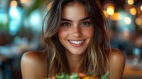 Young woman with radiant smile and natural makeup enjoying evening at restaurant with warm ambient lighting and bokeh background.