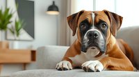 Attentive boxer dog with fawn and white coat lying on gray couch in modern living room interior, close up portrait showing expressive eyes and characteristic breed features.