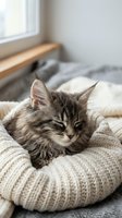 Adorable tabby kitten sleeping peacefully on cozy knitted blanket in bright bedroom with natural window light creating warm domestic atmosphere.