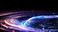 Glowing digital wave with light particles flowing in curved motion against dark background, creating futuristic technology visualization effect.
