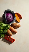 Fresh organic vegetables including purple cabbage, sweet potatoes, leafy greens and cherry tomatoes arranged on neutral background for healthy cooking.