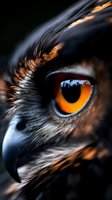 Extreme close-up of an owl's amber eye and beak showing detailed feathers in dark and orange tones, dramatic macro photography with shallow depth of field.
