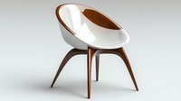 Modern round chair with white seat and copper-toned wooden legs featuring contemporary curved design against neutral background, suitable for interior design and furniture catalogs.