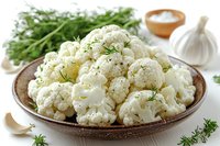 Fresh cauliflower florets seasoned with herbs and spices in rustic ceramic bowl, served with garlic cloves and dill garnish on white background, ready for cooking.