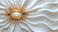 Mystical golden eye with sun rays on white wavy background. Surreal art concept featuring metallic decorative eye shape with radiating beams against flowing texture.