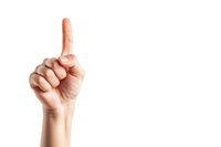 Caucasian hand showing number one or pointing up gesture isolated on white background. Clean minimal composition with copy space for text or design.
