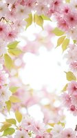 Delicate pink cherry blossom flowers with green leaves creating natural frame border on soft blurred background for spring greeting cards and invitations.