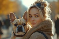 Young woman with blonde hair in warm knit scarf embracing French Bulldog outdoors during golden hour sunset, soft bokeh background creates cozy autumn mood.