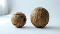 Two natural coconuts with brown fibrous shells displaying organic texture and patterns on clean white surface for tropical cooking and wellness concepts.