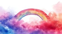 Vibrant watercolor rainbow arches over dreamy pink and blue clouds with sparkling stars, creating magical sky atmosphere for fantasy and children's designs.