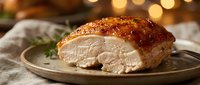 Juicy roasted chicken breast with golden crispy skin, sliced to show tender white meat inside, served on ceramic plate with fresh herbs and warm bokeh lighting for food photography.